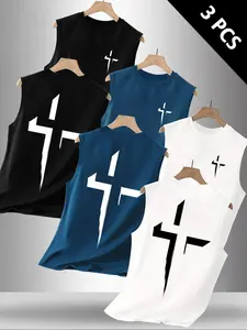 Men's 3-Pack Geometric Cross Graphic Sleeveless Tank Tops, Muscle Tank Top, Christian Faith Print Casual Workout Vests, Streetwear Daily Tops, Workout Tanks #ChristianApparel #FaithWear #MensGymWear #Streetwear #TikTokMadeMeBuyIt