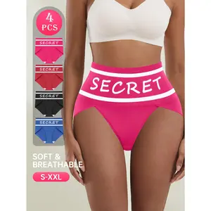 QUASTI 4pcs High Elasticity Briefs For Girls, Cotton Crotch Comfortable & Breathable High Waisted  Underwear Lift Buttocks & Repair Abdomen Letter Splicing Fashionable Elegant Design Back To School Gifts summerwins