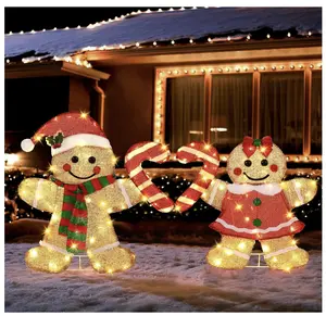 22.5’’ Lighted Christmas Yard Decoration 2pcs Light Up Gingerbread Man Couple Christmas Outdoor Decorations Sign Waterproof for Xmas Winter Holiday Garden Lawn Outside Indoor Decor Display