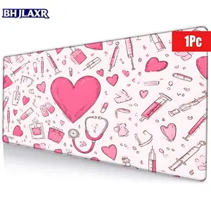 15.7x35.4inch Pink Heart Medical Theme Mouse Pad, Large Office Home Gaming Mat with Sketched Hearts Syringes Stethoscopes Design, Non-Slip Rubber Base, Cute Healthcare Themed Desk Accessory