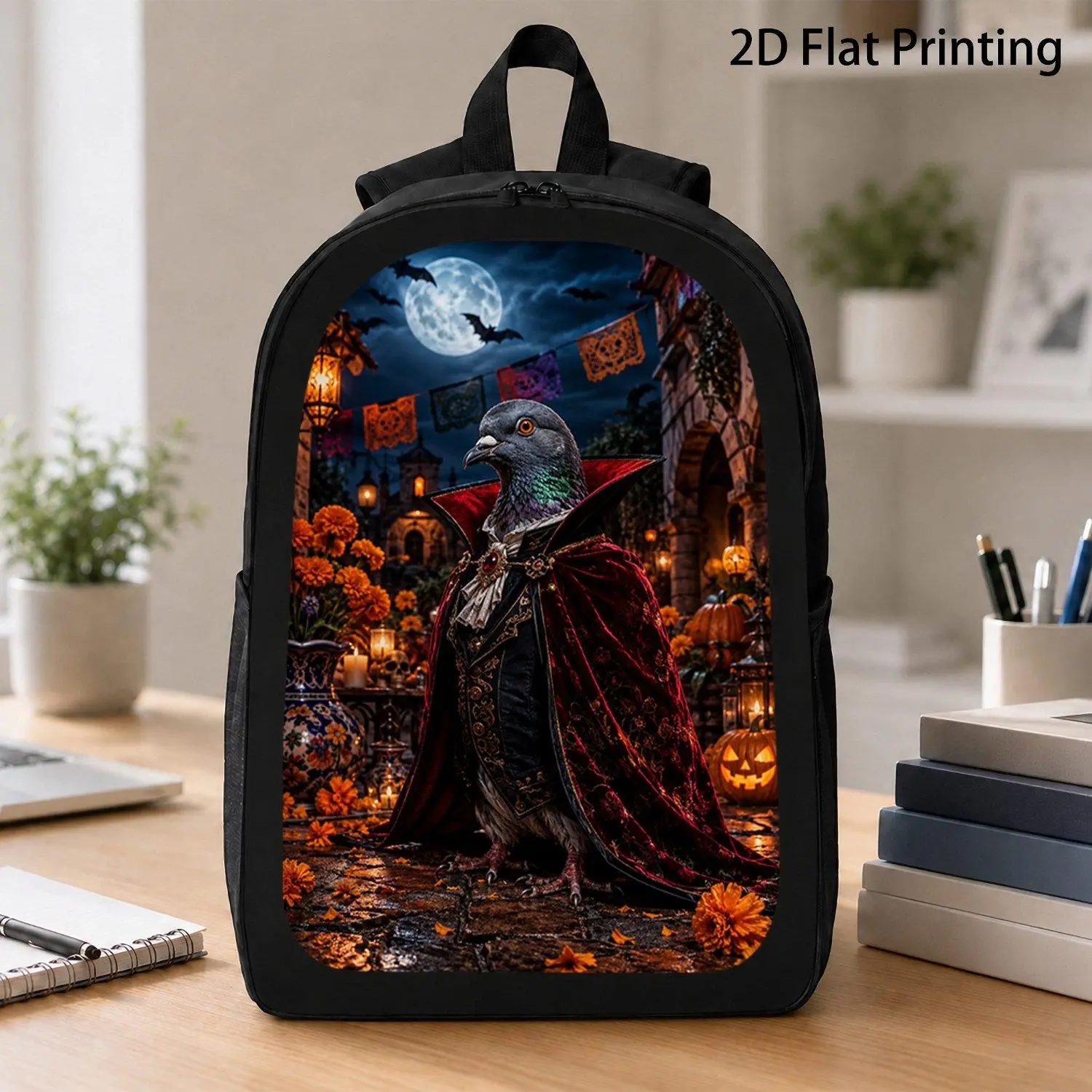 17 Inch Backpack Single Piece Vampire Pigeon Velvet Cape Full Moon Bat Halloween Night Festival Graphic School Daily Use Spooky Style Rucksack Carry Bag