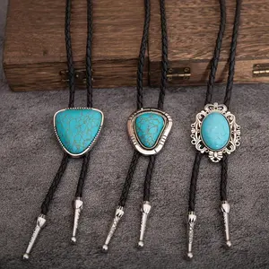 1 piece of a retro bolo tie collar rope in the western cowboy style. It is a bolo leather rope necklace with natural blue turquoise and an irregular pattern, a long necklace.