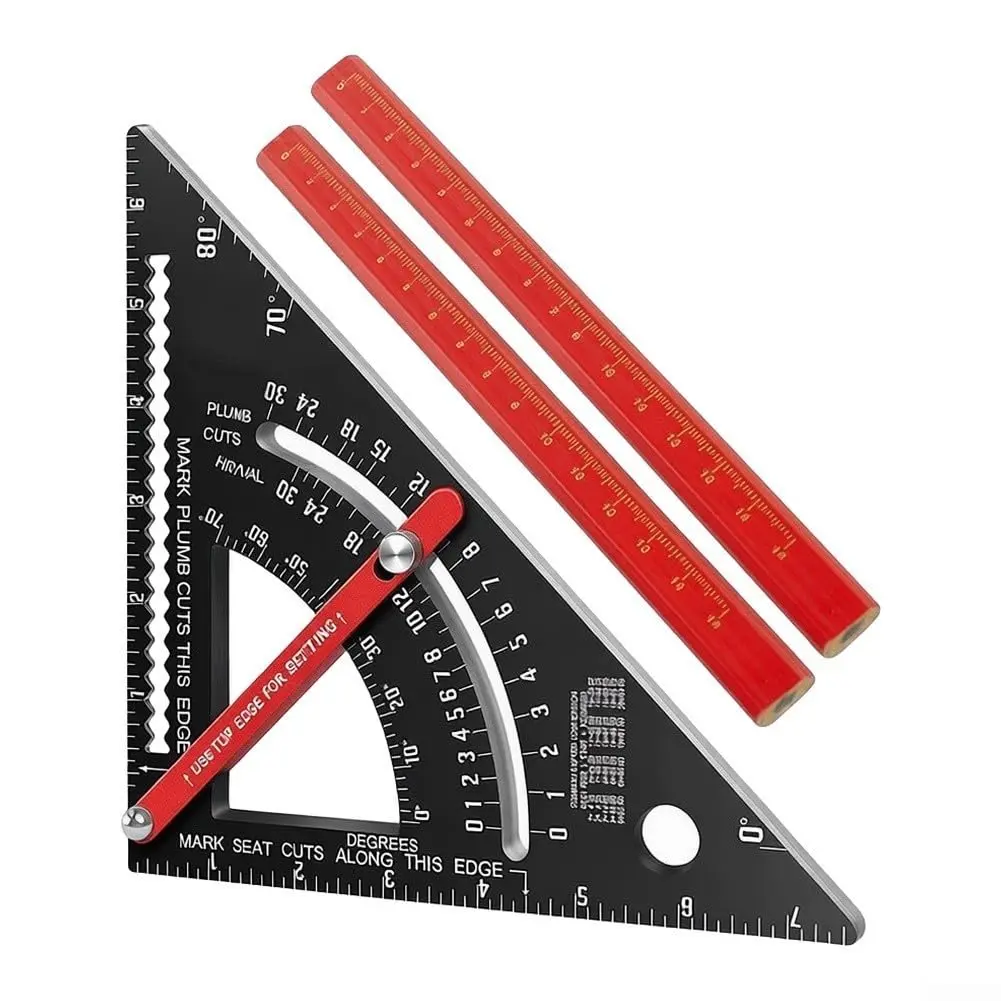 7-Inch Aluminum Alloy Adjustable Angle Carpenter Square - Rafter Triangle Ruler with 2 Pencils, Accurate Scale Calipers, Inches-Metric Layout Tool for Professional Carpentry & Furniture, Easy-to-Use Long-Lasting Hardware Measuring Tool