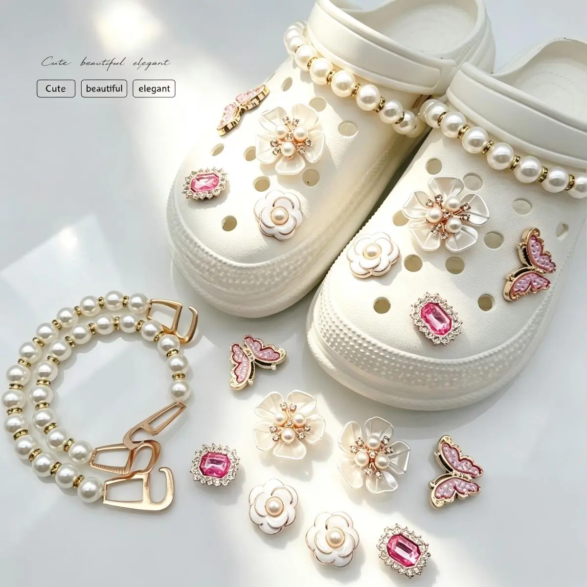 10Pcs Elegant French-Style ABS Plastic Floral Butterfly Pearl Footwear Charms, Cute Trendy Hole Shoe Accessories, Birthday Party Favor DIY Decor Charms