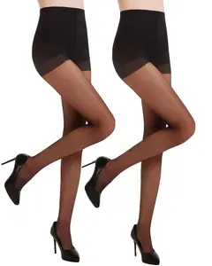 2 Pairs Women's Black Sheer Tights - Non Rip Silky Control Top Pantyhose for Reinforced Toes - Smooth & Durable