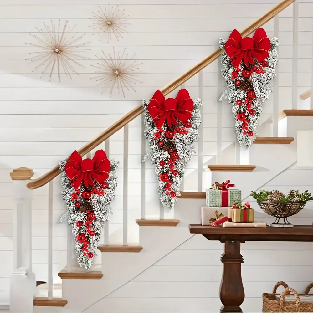 4-Pack Flocked Snow Christmas Swag with Red Bow & Balls - Ideal for 2026 US New Year Home Wall/Door Decor, Super Bowl Game Night Mantel Setup & Valentine’s Day Romantic Indoor Display