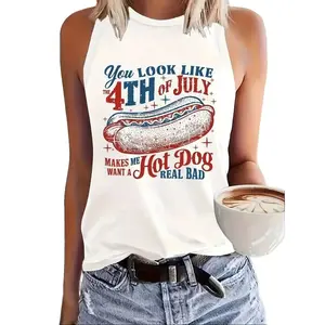 Women's Patriotic 4th Of July Funny Slogan Tank Top- You Look Like 4th Of July  Hot Dog Graphic Sleeveless Vest, Machine Washable Round Neck Summer Casual Top For BBQ & Outdoor Events