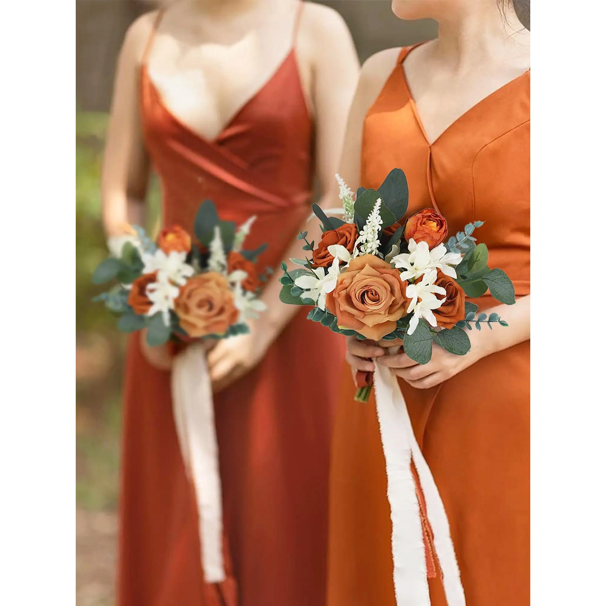 Rinlong Warm Burnt Orange & Grey-Green Artificial Silk Flowers Bridesmaid Bouquet - 10.2in W x 11.8in H, Wedding Decor Supply for Home & Festive Parties