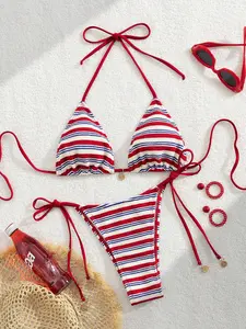 VYNCE Red Drawstring Halter Sexy Backless Round Logo Bikini Swimsuit Set 2 Piece Summer Ladies Beach Vacation Pool Party Swimwear