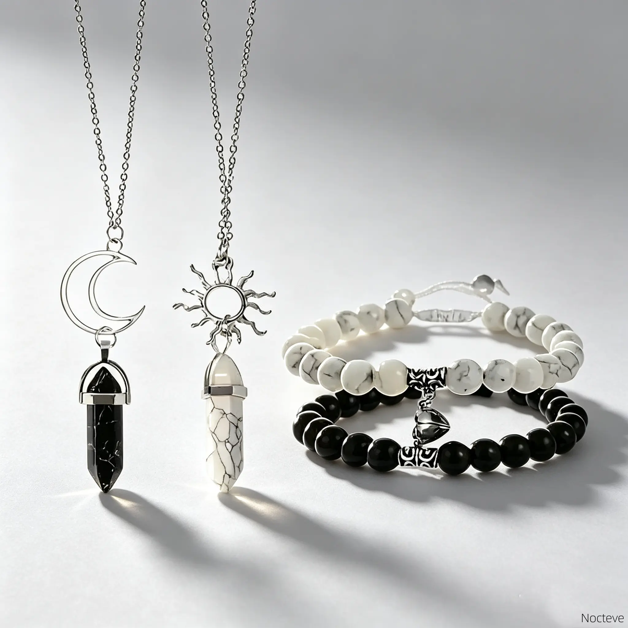 Unisex 4‑Piece Synthetic Jade Sun & Moon Magnetic Matching Bracelet Set, Romantic Beaded Couple Jewelry with Flexible Cord, All‑Season Wrist Accessory, Ideal Gifts for Couples & Long‑Distance Friends