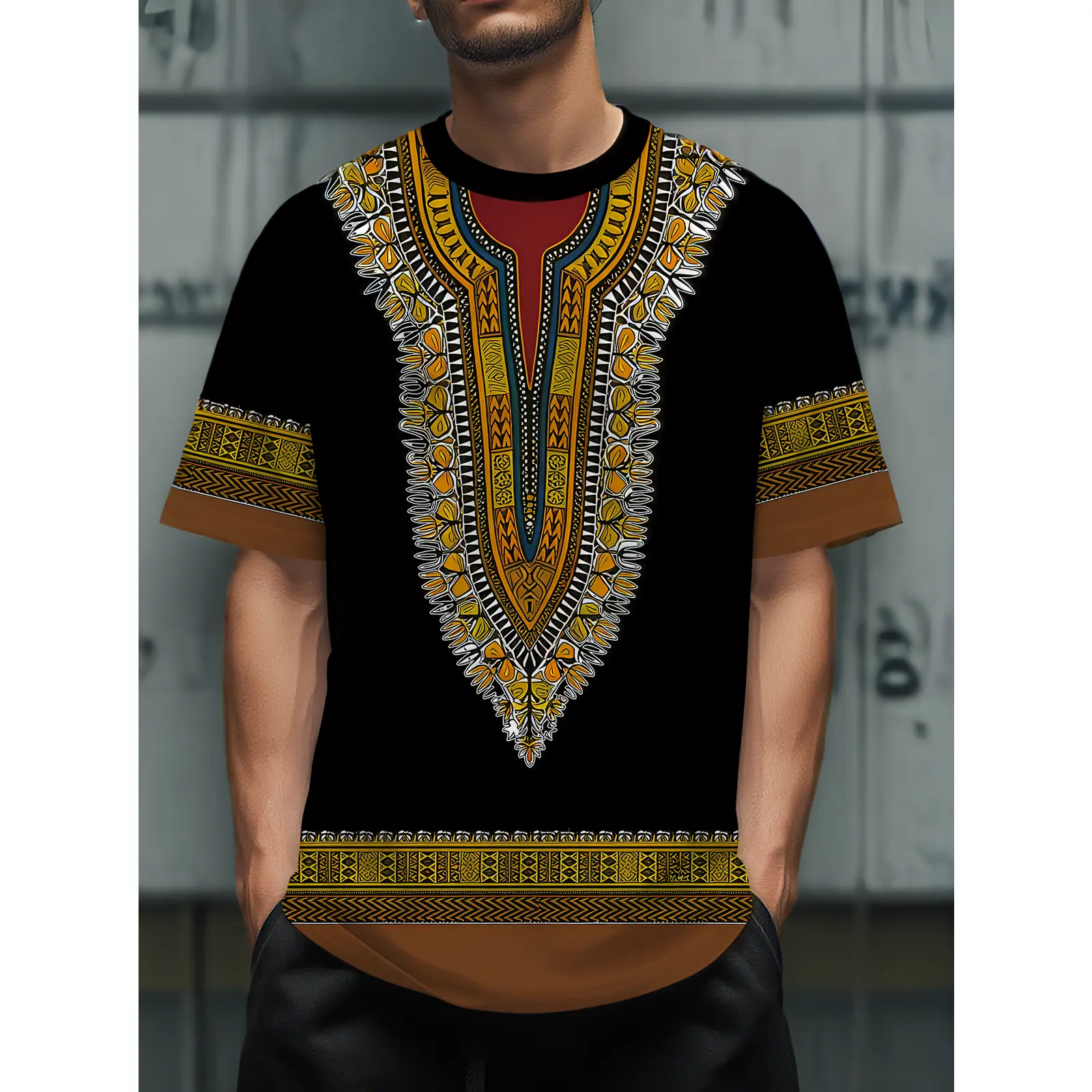 Men'S Stylish And Creative Casual Short-Sleeve Shirt, Featuring a Black Base with Ethnic Dashiki Print, Making It a Perfect Choice for Outdoor Casual Wear
