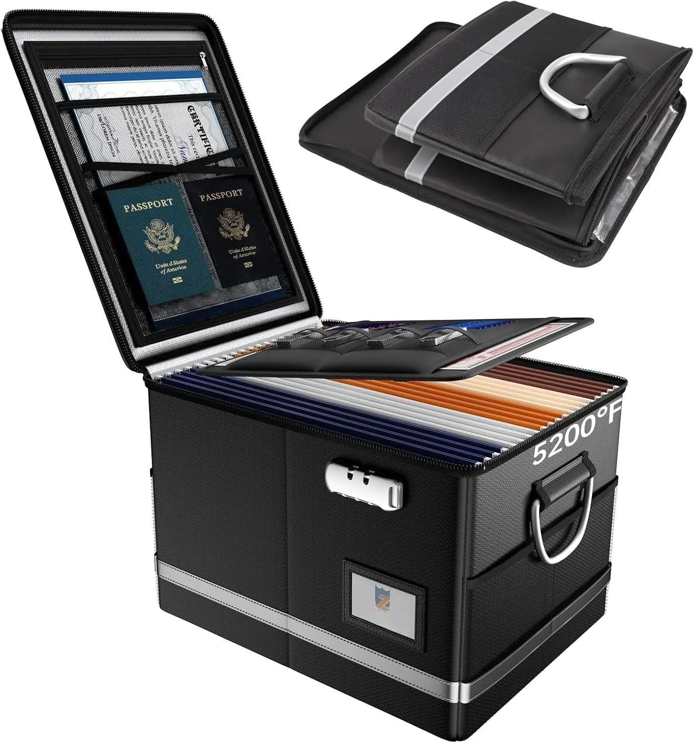 Fireproof Document Box,5200F File Organizer Box with Lock,Foldable Filing Organizer Cabinet, Portable Safe Storage for Hanging Letter/Legal Folder,Black