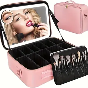 Travel Cosmetic Bag With LED Lighting Makeup Box. 3-color Set Cosmetic Makeup Box Organizer. Women'S Makeup Box Beauty Tool Accessory Box. Rechargeable With Makeup Brushes/nail Trimming Tool Kit.