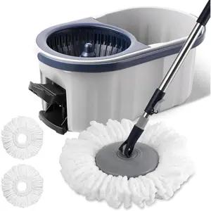 Spin Mop and Bucket System with180- Rotating  Telescopic Handle Dual Chamber Bucket Floor Cleaning Set with 3 Mop Refills Dual-Function Wringing Hand-Press and Foot-Pedal