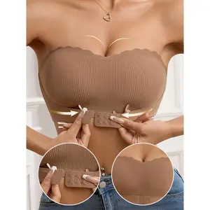 Women's Solid Wireless Strapless Bra, Wireless Bandeau Bra, Comfortable Breathable Hook & Eye Front Bra, Women's Lingerie for Daily Wear