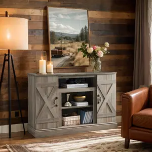 Farmhouse TV Stand with Fireplace for TVs up to 50 Inch, 47" Entertainment Center with 18 Inch Electric Fireplace, TV Console Table with Open and Closed Storage Space