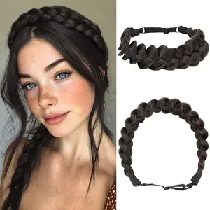 HAIR Wide Elastic Braided Headbands for Women with Adjustable Strap Synthetic Hair Head Bands Handmade Braid Hairband Hairpiece 1PC Dark Brown nylon