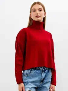 Women's Cropped Oversized Turtleneck Sweater Solid Color Turtleneck Cropped Oversize Sweater Striped