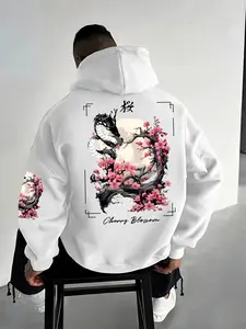 Men's Sakura Dragon Letter Print Hoodie, Casual Drop Shoulder Design, Drawstring Hooded Sweatshirt, Fall & Winter Comfortable Daily Wear