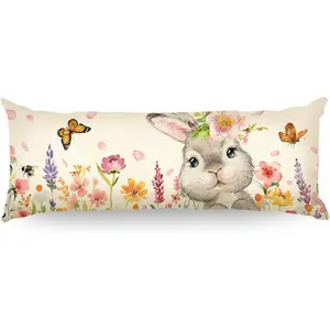 Easter Bunny Lumbar Throw Pillow Covers 14 x 36 Inch, Pink Flowers Spring Farmhou Holiday Cushion Ca for Home Sofa Couch Decoration TH214