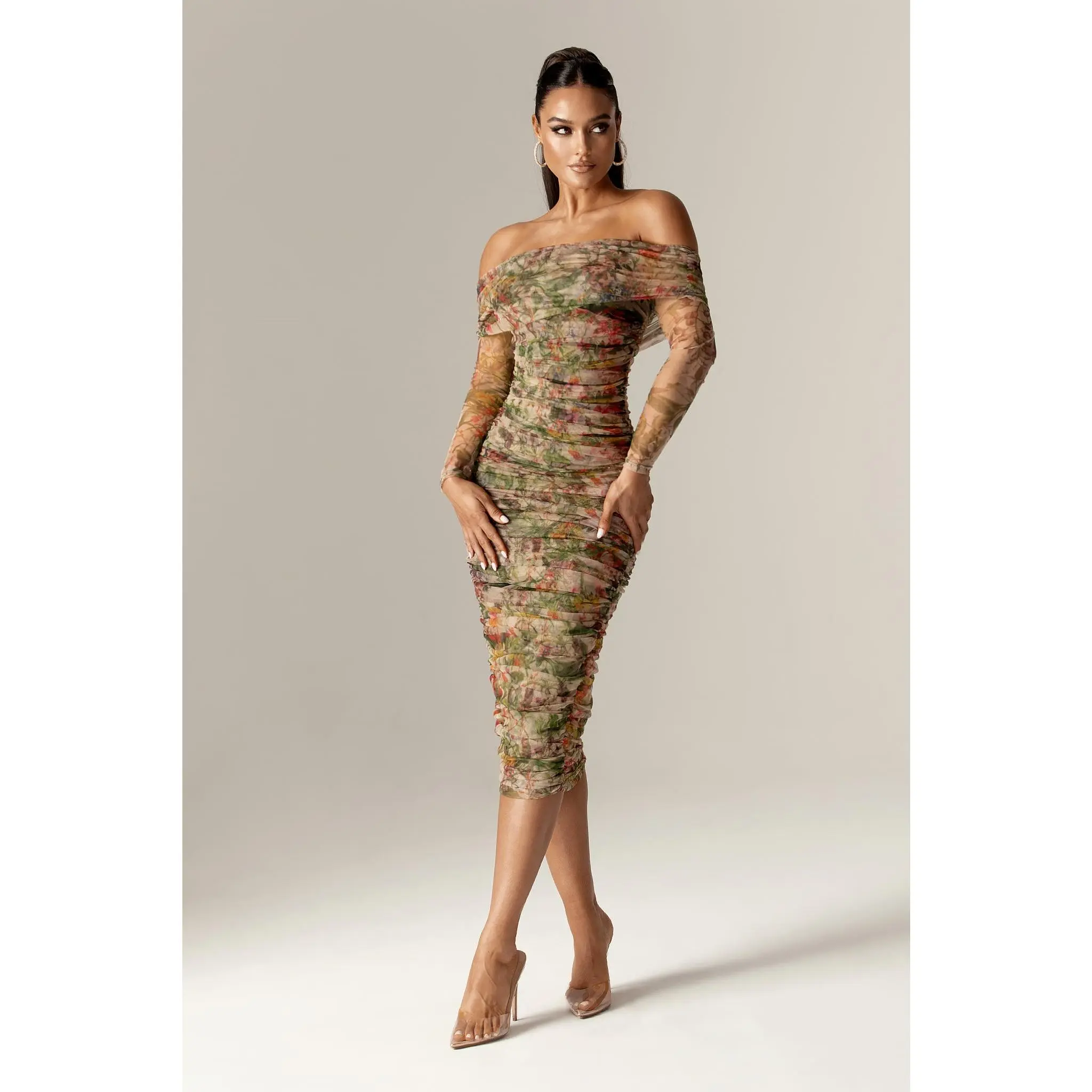 Hayley Off Shoulder Midi Dress - Floral Print | Long Sleeves Bodycon Ruched Mesh Dress with Built- Hayley Off Shoulder Midi Dress - Floral Print | Long Sleeves Bodycon Ruched Mesh Dress with Built-