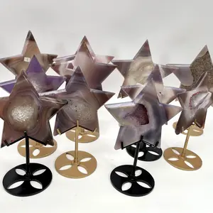 Druzy Agate Pentagram Star with Stand Natural   Crystal Gemstone Carving Home Decor Healing Stone Figurine