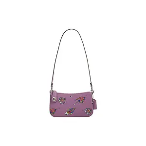 COACH Penny 21 Rocket Print Crossbody Bag for Women – Violet and Orchid Leather with Turn-Lock Zipper and Card Slots