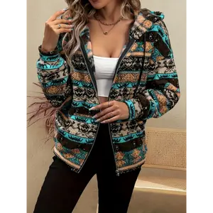 unisex adult apparel [Hooded Sweatshirt ] Women's Elegant Geometric Print Zip-Up Hooded Jacket - Turquoise Blue/Brown/Black/White/Beige, Machine Washable Long Sleeve Regular Fit All-Season Casual Outerwear, No Stretch Fabric faux wool top neck sweater top