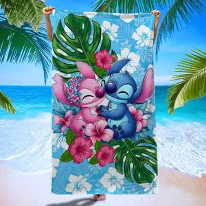 Sweet Cool Tropical Stitches Angel Beach Towel, Cartoon Embrace Fuchsia Flower Print Quick-Dry Bath Towel, Ideal Gift for Family and Friends