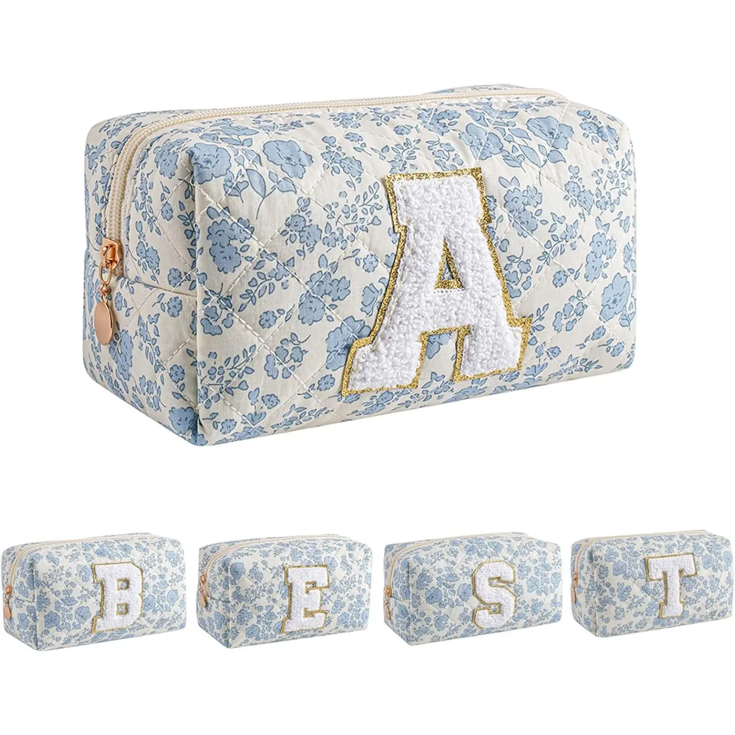 Alphabet Makeup Bag  Bag for Women, Christmas Gifts for Girls  11-18, Personalized Floral  Travel Bag, Trendy Stuff Zipper Make Up Pouch Organizer Bag (Blue Floral A)