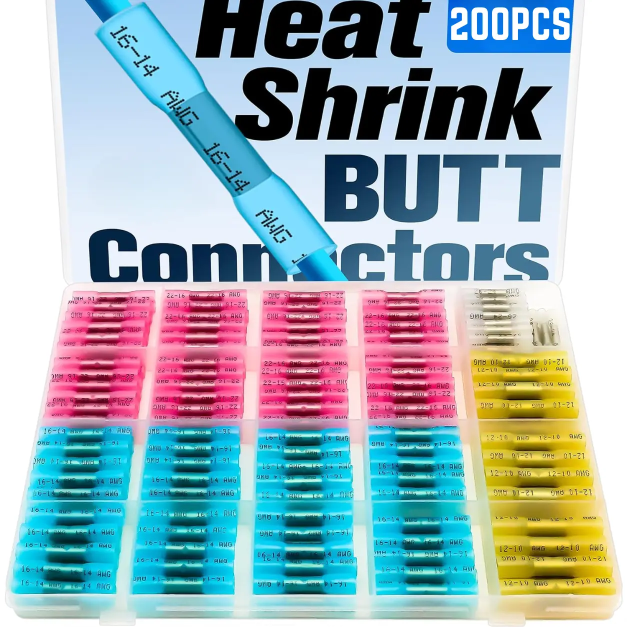 200 Pcs Heat Shrink Butt Wire Connector Kit, Waterproof Insulated Electrical Wire Splice Crimping Terminals, Marine Grade Automotive Wire Connectors