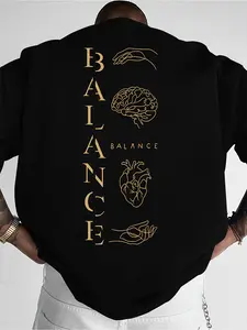 Men's Oversized Black T-Shirt, Balance of Reason and Emotion Graphic Print, Minimalist Brain Heart Design, Street Fashion Casual Short Sleeve Tee, Summer Daily Wear Round Neck Top for Men