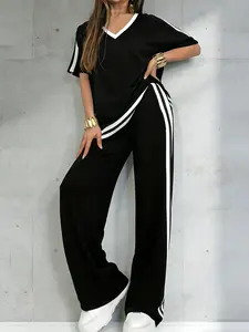 Women's Casual Sportswear Set, Pure Color V-Neck Short Sleeve T-Shirt & Striped Long Pants, Spring Summer Two-Piece