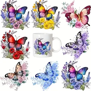 8pcs Set of Painted Butterfly and Flower Vinyl Stickers, Floral Heat Transfer Stickers, UV DTF Transfer Stickers, DIY Foil Stickers, and Scratch-resistant Stickers, Glass Cup Sticker Pack, Suitable for Glass Cups, Decorative Cups, Mugs