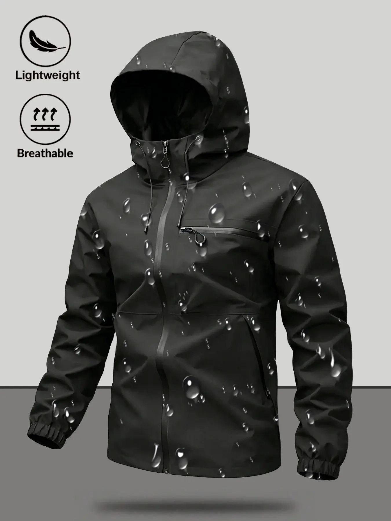 Men's Waterproof Windproof Hooded Jacket, Drawstring Zipper Pocket Design, Casual Long Sleeve Outdoor Coat for All Seasons, Durable Rain Coat, Casual Fall Jacket