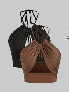 Women's Sexy Adjustable Tie Back Vest Top Sleeveless Two-Piece Matching Set, Basic Casual Fitted Design, Plain Pattern, Perfect for Everyday Wear