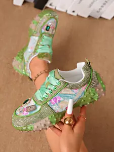 2026 Women's Sequin Rhinestone Thick Sole Dad Shoes, Rhinestone Decorated Platform Lace-Up Casual Sports Shoes, Sweet Cool Style Versatile Female Shoes