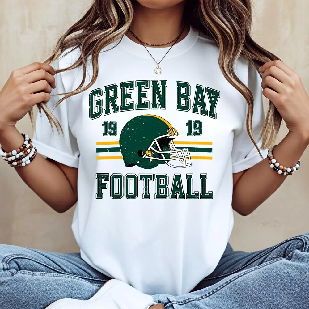 Green Bay Football 1919 Helmet Vintage Print T-Shirt, Retro American Sports Fan Apparel, Casual Daily Wear Game Day Outfit
