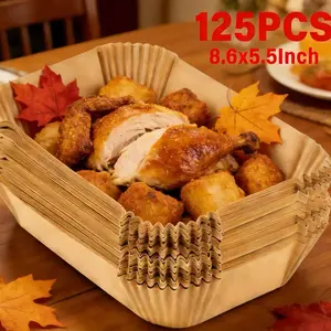125 pcs Rectangular Disposable Air Fryer Liners, 8.6 x 5.5 in, Non-stick, Oil-resistant parchment paper, compatible with dual baskets, suitable for meal prep, baking, roasting, camping, picnics, easy to clean—a mess-free kitchen gadget for busy families