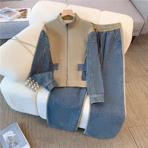 Denim Pants Sets Stand Collar Patchwork High Street Coats Tops Wide Leg Straight Gothic Jeans Vintage Simple Two-piece Set Womenswear Clothes