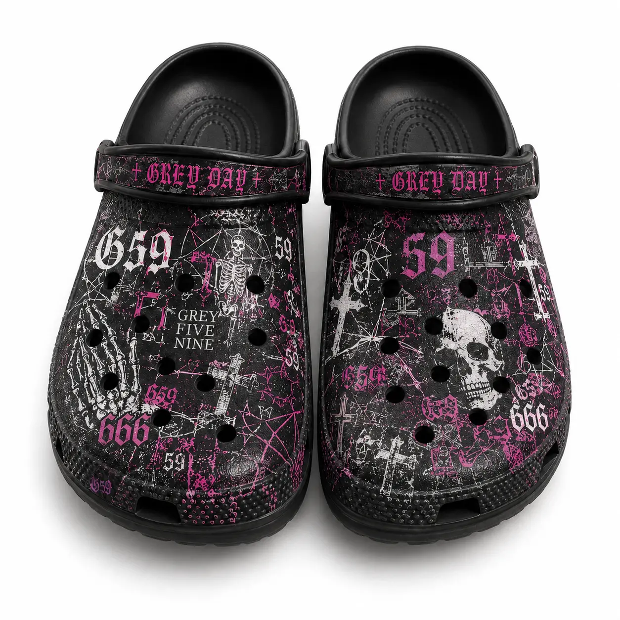 Gothic G59 Skull Graphic Clogs, Black and Pink Slip-On Shoes with Ventilation Openings and Pivoting Heel Straps