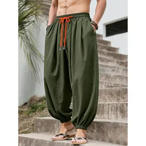 Men's outdoor loose-fitting harem pants, elastic drawstring waist, non-elastic casual lantern trousers, lightweight and quick-drying, durable polyester fabric, loose and breathable trousers, suitable for daily casual wear, outdoor activities, travel, and
