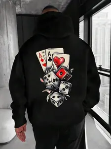 Men's Dice & Poker Pattern Hoodie, Casual Loose Fit Long Sleeve Funny Graphic Sweatshirt, Spring & Fall Fashion with Pockets, Daily Wear Top, Hoodie Print Hoodies