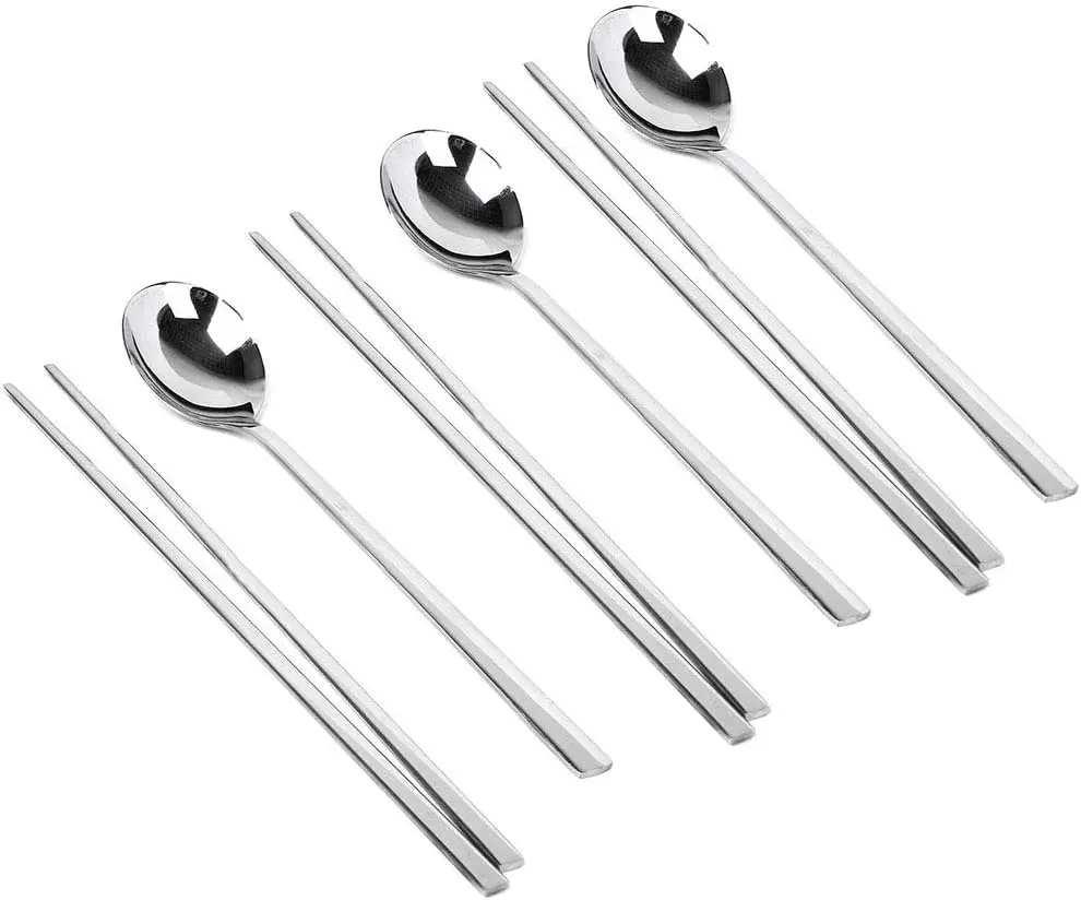 Polished Stainless Steel Spoons and Chopsticks Set - Korean Tableware Set of 3 with Long-Hand Reusable Design