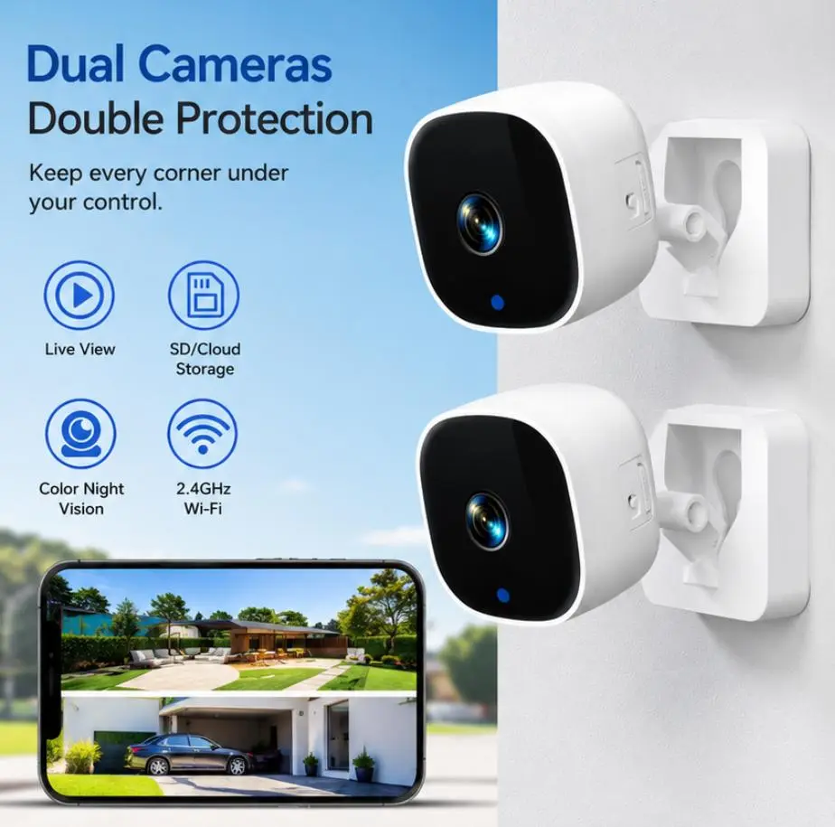2PCS Dual Lens smart WiFi Security Camera 2K HD IP65 Indoor Outdoor Cam,Dual Screen Monitoring,Night Vision,Motion Detection Alert,SD & Cloud Storage,Multi-Device Remote View for Home Garage Apartment,Full Color AI Wireless ptz rotation camara 1080p