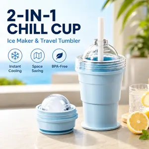 2-in-1 Portable Foldable Ice Ball Maker Bottle with Hiking Straw,Press-to-Release Folding Hockey Cube Cup,Collapsible Easy-Clean Kettle Silicone Molds,Lightweight Reusable Water Cold Drinking Supplies