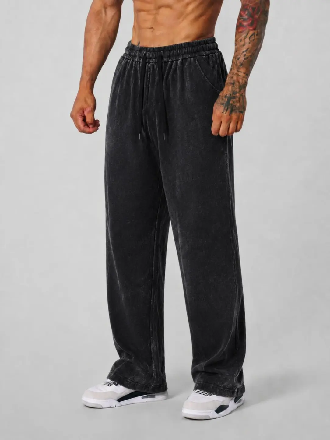Men's Baggy Sweatpants - Olive Neutral, Textured Embossed-Leg, Dual Drawstrings, Ultra-Soft Loose-Fit Cotton Blend, All-Season Casual Pants for Street, Gym Wear