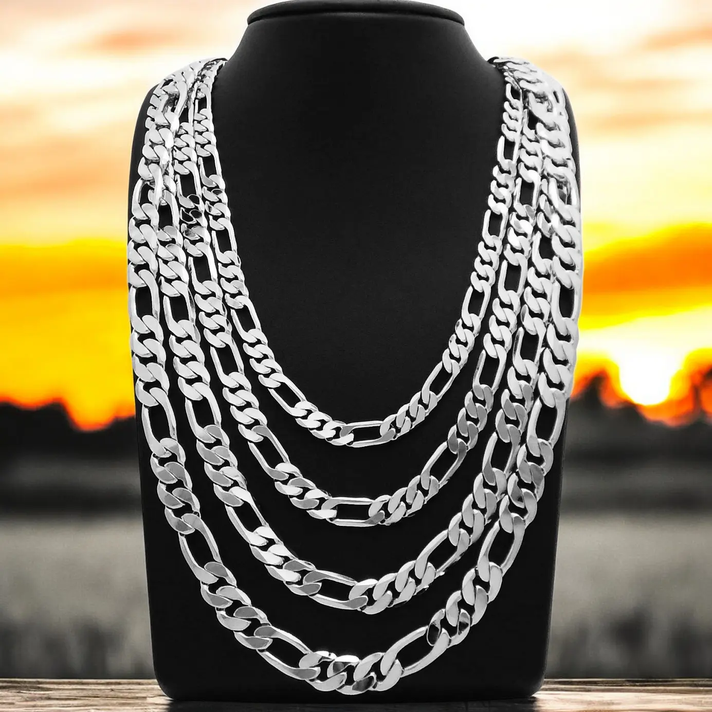 MaxBling81 Silver-Plated Brass Figaro Link Statement Necklace, Unisex Hip Hop Jewelry, 4-10mm Widths, 20-30 Inch Lengths, Stylish Accessories, Silver Necklaces, 10Mm Statement, Brass Base, Multi-Size