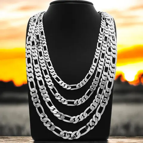 MaxBling81 Silver-Plated Brass Figaro Chain Necklace - Unisex 4mm-10mm (Incl.7mm,8mm) Width, 20in-30in (Incl.20inches) Length, Chunky Metal Link Daily Hip Hop Costume Jewelry Accessory