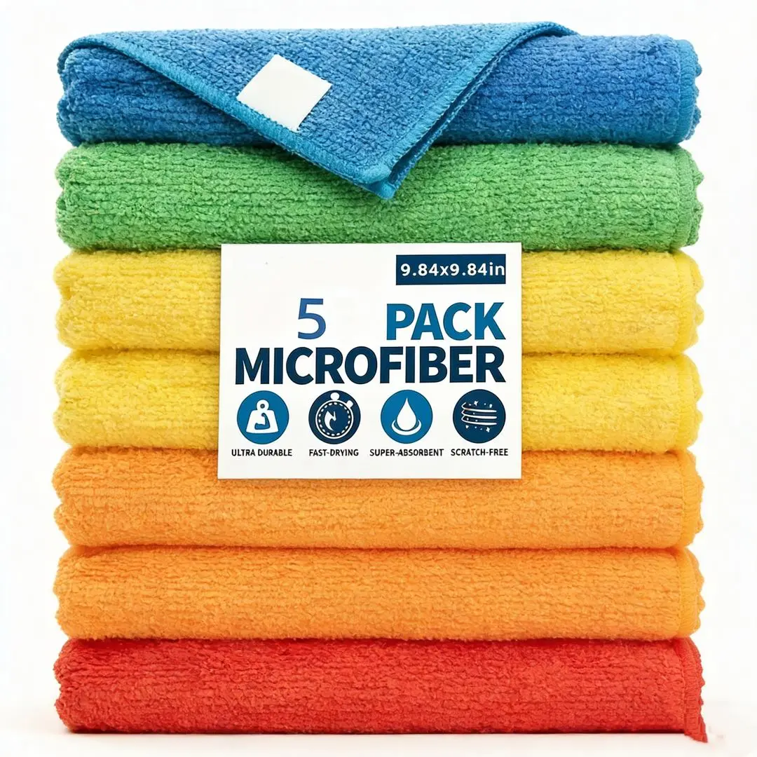 5pcs Premium Microfiber Super Absorbent Soft Cleaning Towel Set, Household Cloths for Home, Car, Kitchen Cleaning